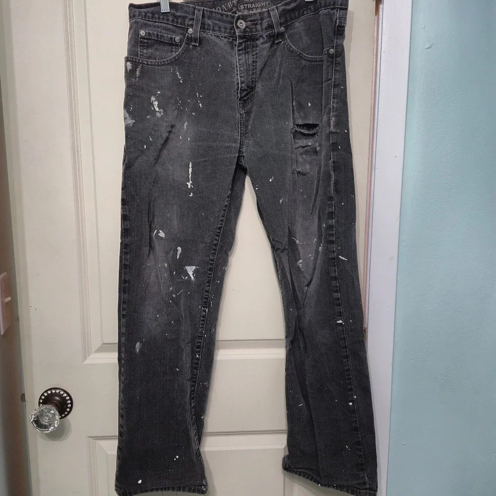Old Navy Authentic Straight Jeans Mens 34x32 Black Paint Splatter Distressed Rip
